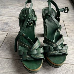 Dark green leather studded boho strappy Frye heels.